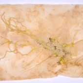 A 2D art piece made from handmade paper and detritus