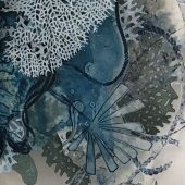 Detailed view of Joan Hall's Slip Sliding Away mylar & glass bead art piece.
