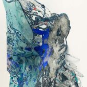 Detailed side view of Joan Hall's Tangled in Blue art piece.