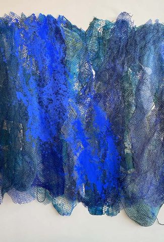 Would You Swim <br>The Ocean For <br>To Ease My Pain A blue, purple & green wall sculpture made from lace fabrics