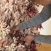 A woman adding paper cut outs to an art exhibit