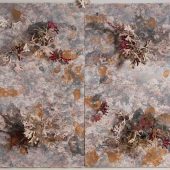 Detail: Hull Cove Handmade paper painting with paper cut outs on it