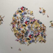 Detail of the vinyl wallpaper, hand cut A collage of pieces of wallpaper