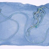 <em>Johnson’s Bayou 10</em> Art piece made from blue handmade paper and rope