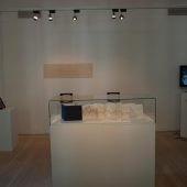 A room in an art gallery with a display case and TV